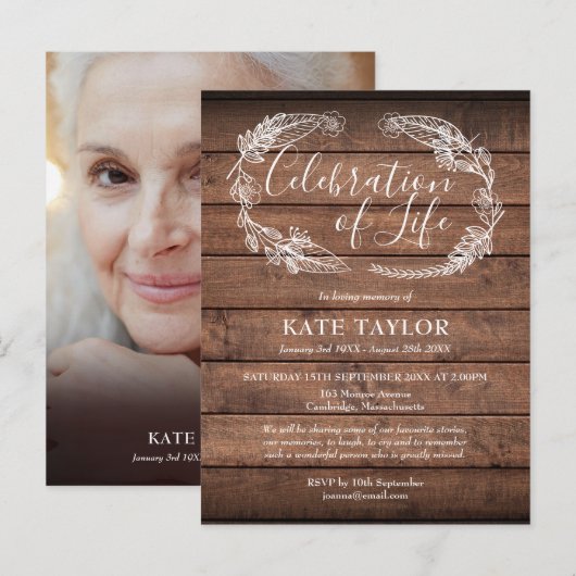 Rustieke houten herdenkingsfoto aankondigingskaart (Voorkant / Achterkant)