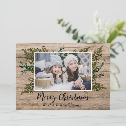 Rustieke houten hulstbesVrolijke kerstfotokaart Feestdagenkaart (Staand voorkant)