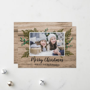 Rustieke houten hulstbesVrolijke kerstfotokaart Feestdagenkaart