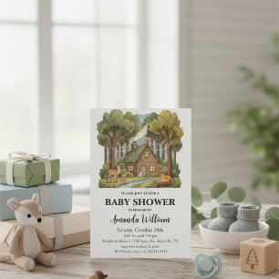 Rustieke houten hut bosdieren baby shower kaart