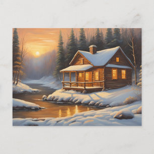 Rustieke houten hut in het winterbos briefkaart