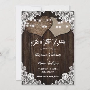 Rustieke houten jute en kant trouw save the date