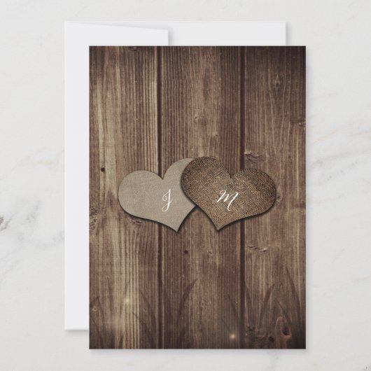 Rustieke houten jute harten bruiloft kaart (Achterkant)