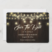 Rustieke houten jute harten string verlichting bru save the date (Voorkant)