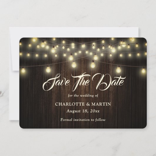 Rustieke houten jute harten string verlichting bru save the date (Voorkant)