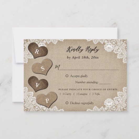 Rustieke houten jute kant bruiloft RSVP Maaltijd k Kaartje (Voorkant)