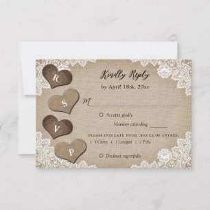 Rustieke houten jute kant bruiloft RSVP Maaltijd k Kaartje