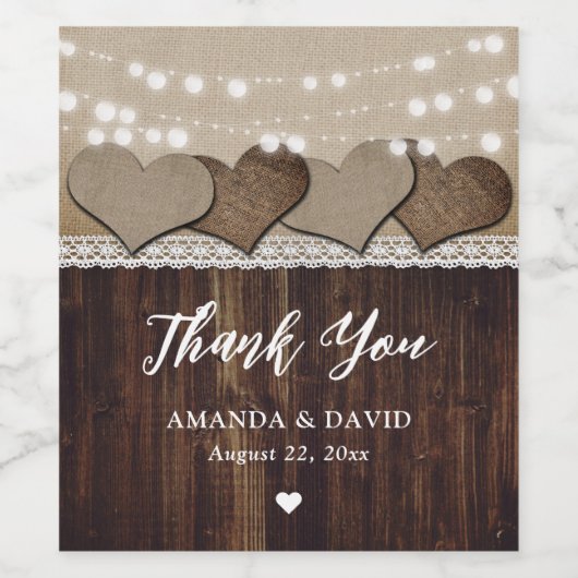 Rustieke houten jute kant bruiloft wijn fles label wijn etiket (Enkel label)