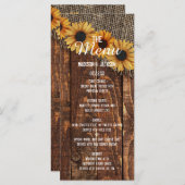Rustieke houten jute Zonnebloem Land Bruiloft Menu (Voorkant / Achterkant)