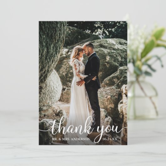 Rustieke houten kalligrafie bruiloft dank u kaart (Staand voorkant)