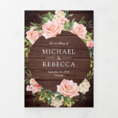 Rustieke houten kant roze bloemrijke QR-code trouw Drieluik Uitnodiging (Cover)