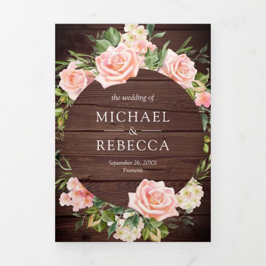 Rustieke houten kant roze bloemrijke QR-code trouw Drieluik Uitnodiging (Cover)