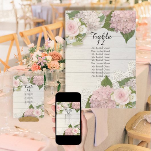 Rustieke houten kant rozene hydrangea tafel zitpla kaart