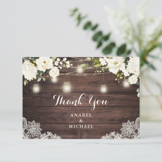 Rustieke houten kant witte bloem slingerlicht brui bedankkaart (Staand voorkant)
