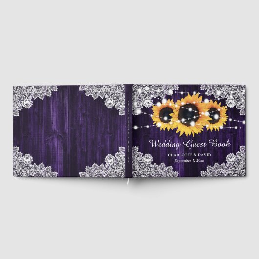 Rustieke Houten Kant Zonnebloem Paarse Bruiloft Gastenboek (Volledig)