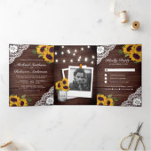Rustieke Houten Kant Zonnebloem String Lights Brui Drieluik Uitnodiging (Binnen)