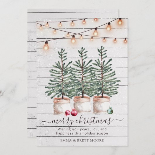 Rustieke houten kerstbomen String Lights Feestdagenkaart (Voorkant / Achterkant)