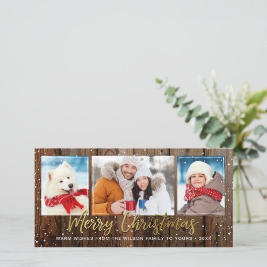 Rustieke houten kerstkaarten met goud 'Prettig Ker Feestdagenkaart (Staand voorkant)