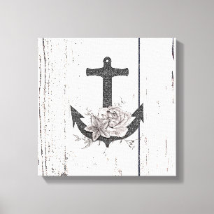 Rustieke Houten Kust Strand Anker Vintage Bloemen Canvas Afdruk