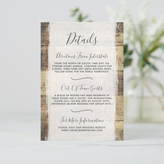 Rustieke Houten Land Bruiloft Details / Routebesch Informatiekaartje (Staand voorkant)