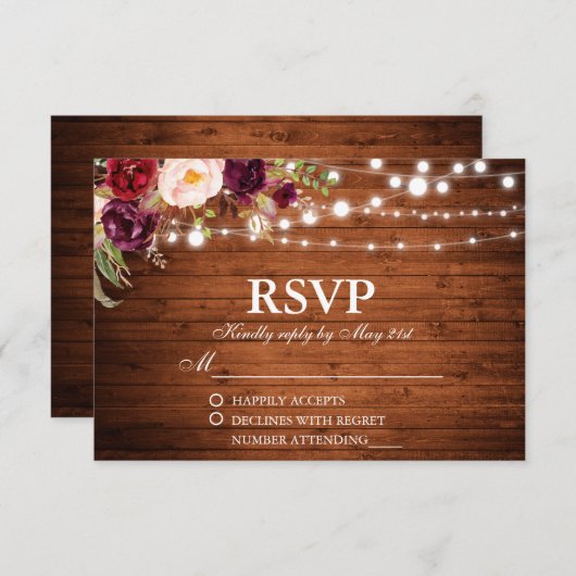 Rustieke Houten Lichten Bourgondische Bloemen Brui RSVP Kaartje (Voorkant / Achterkant)