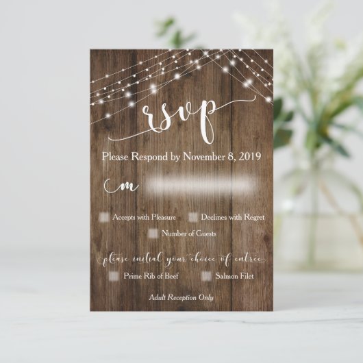 Rustieke houten lichten en RSVP met menuopties (Staand voorkant)
