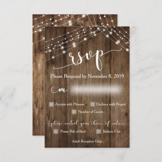 Rustieke houten lichten en RSVP met menuopties (Voorkant / Achterkant)