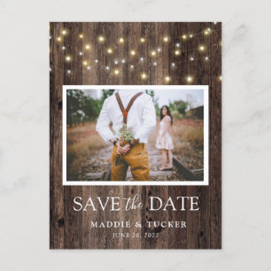 Rustieke houten lichten foto save the date aankondigingskaart