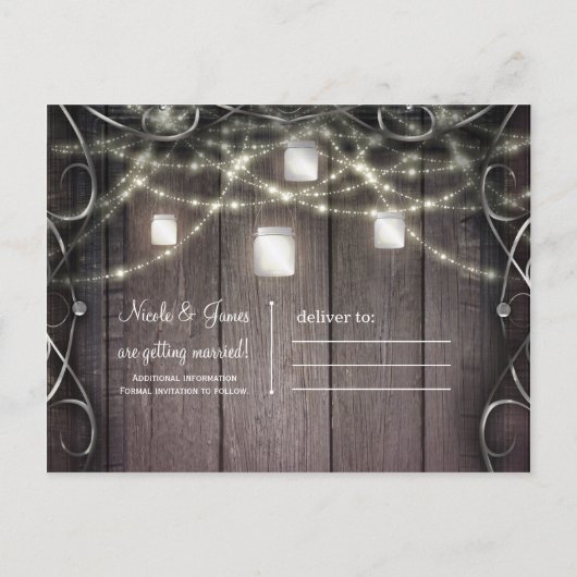 Rustieke Houten Lichten & Mason Jars Schuur Save t Aankondigingskaart (Achterkant)