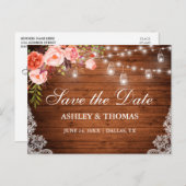 Rustieke Houten Lichten Potten Koraal Bloemen Save Aankondigingskaart (Voorkant / Achterkant)