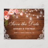 Rustieke Houten Lichten Potten Koraal Bloemen Save Aankondigingskaart (Voorkant)