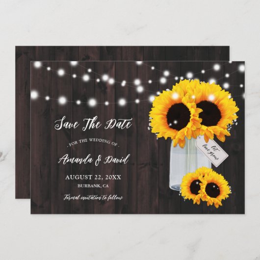Rustieke houten metselaar zonnebloem bewaar de dat save the date (Voorkant / Achterkant)