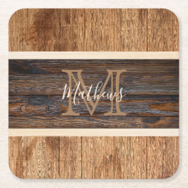 Rustieke houten monogramstreep vierkante kartonnen onderzetter
