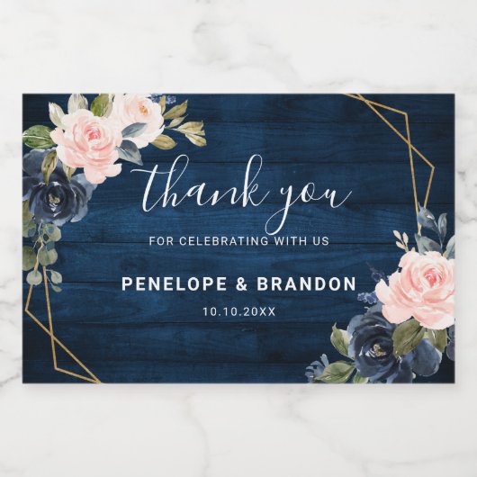 Rustieke houten navyblauwe roze geometrische trouw sparkling wijnetiket (Enkel label)