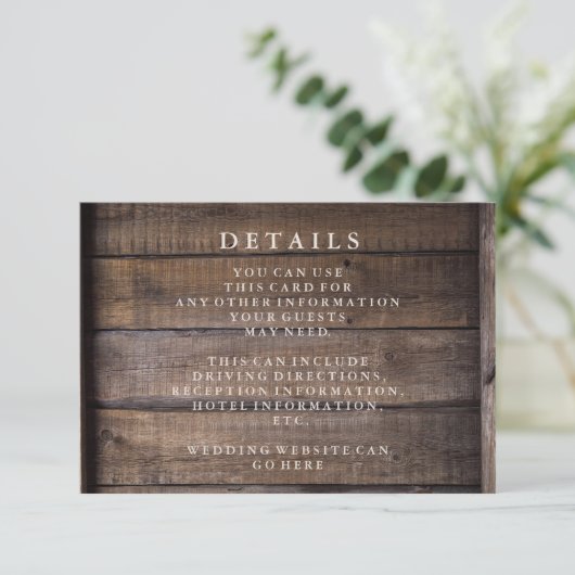 Rustieke houten pallet bruiloft details informatiekaartje (Staand voorkant)