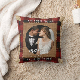 Rustieke houten plank geruite eerste kerst getrouw kussen