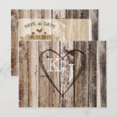 Rustieke Houten Planken Hart Etsen Save the Date Aankondigingskaart (Voorkant / Achterkant)