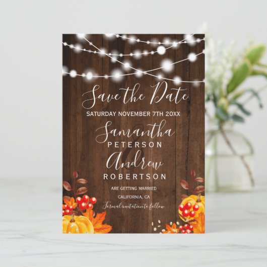 Rustieke houten pompoen slingerlichtjes save the d save the date (Staand voorkant)