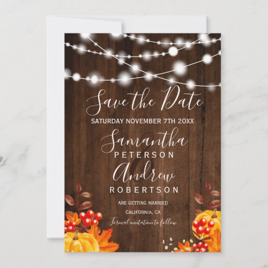 Rustieke houten pompoen string lampen opslaan van  save the date (Voorkant)