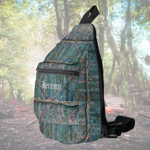 Rustieke houten poort en strijkijzer in blauw, gep sling bag