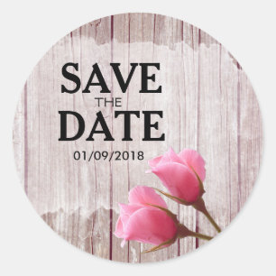 Rustieke Houten Roze Roosknop Trouw Save The Date Ronde Sticker