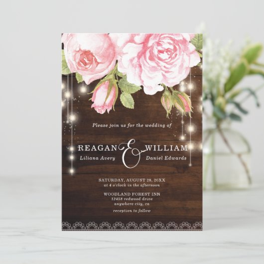 Rustieke houten Rozen String Lights Bruiloft Kaart (Staand voorkant)