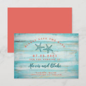 Rustieke houten Save the Date kaart met zeesterren (Voorkant / Achterkant)