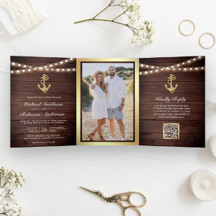 Rustieke Houten Scheepvaart Gouden Anker QR Code B Drieluik Uitnodiging