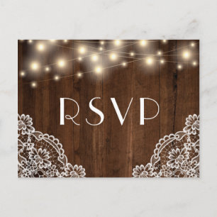 Rustieke houten slingerlichten en kant RSVP-brie Uitnodiging Briefkaart