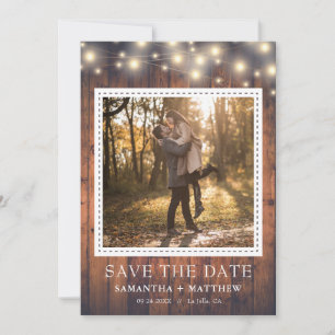 Rustieke houten slingerlichten foto bruiloft save the date