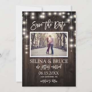 Rustieke houten slingerlichten foto Save the Date  Kaart
