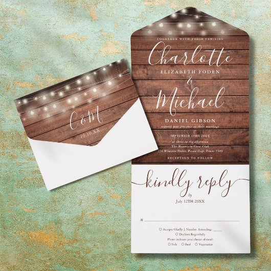 Rustieke houten slingerlichten Monogram bruiloft All In One Uitnodiging