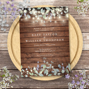 Rustieke houten slingerlichten salie lila bruiloft kaart