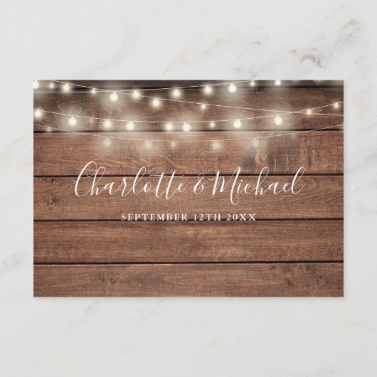 Rustieke houten slingerlichten script bruiloft det informatiekaartje (Achterkant)